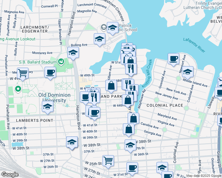 map of restaurants, bars, coffee shops, grocery stores, and more near in Norfolk