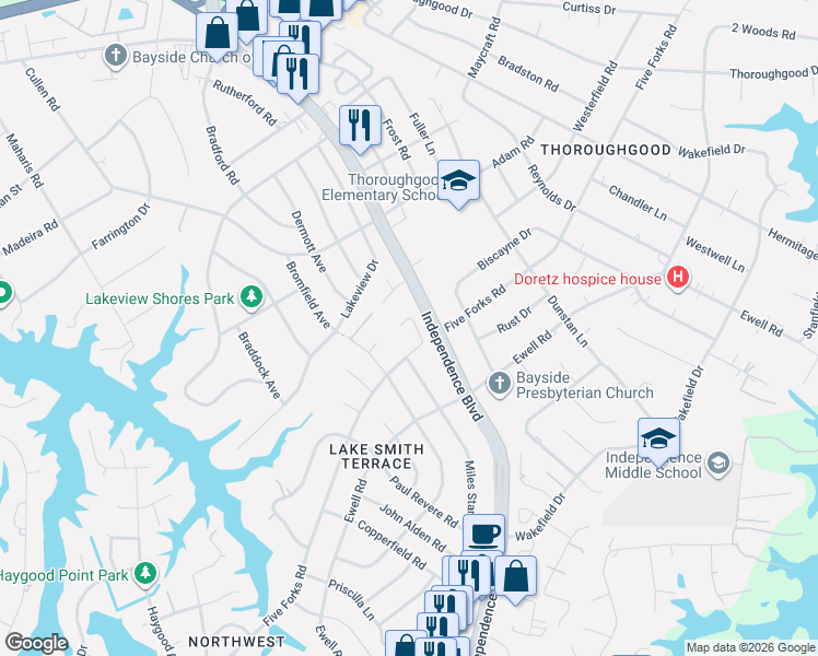 map of restaurants, bars, coffee shops, grocery stores, and more near 1344 Five Forks Circle in Virginia Beach