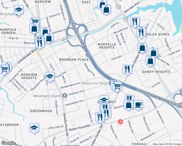 map of restaurants, bars, coffee shops, grocery stores, and more near 5107 Iowa Avenue in Norfolk