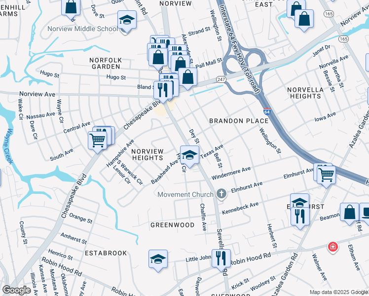map of restaurants, bars, coffee shops, grocery stores, and more near 3512 Sewells Point Road in Norfolk