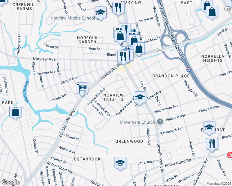 map of restaurants, bars, coffee shops, grocery stores, and more near 3624 Sharpley Avenue in Norfolk