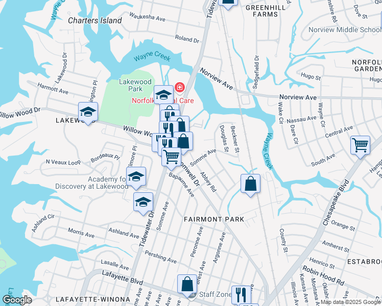 map of restaurants, bars, coffee shops, grocery stores, and more near 2010 Abbey Road in Norfolk