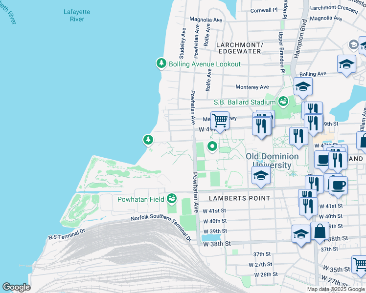 map of restaurants, bars, coffee shops, grocery stores, and more near 1626 West 48th Street in Norfolk
