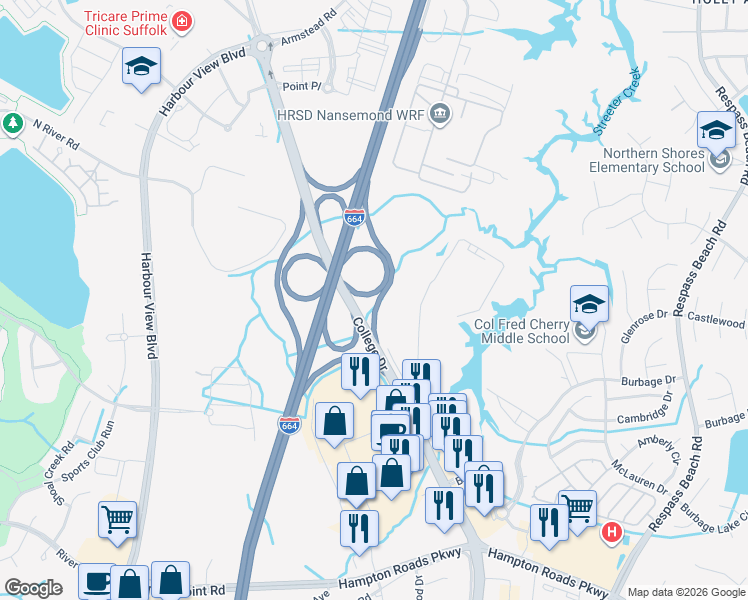 map of restaurants, bars, coffee shops, grocery stores, and more near College Drive in Suffolk