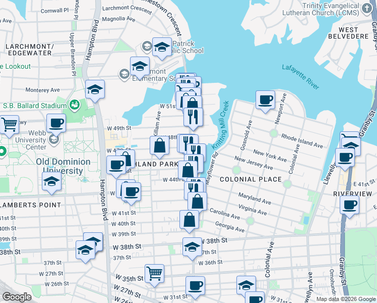 map of restaurants, bars, coffee shops, grocery stores, and more near in Norfolk