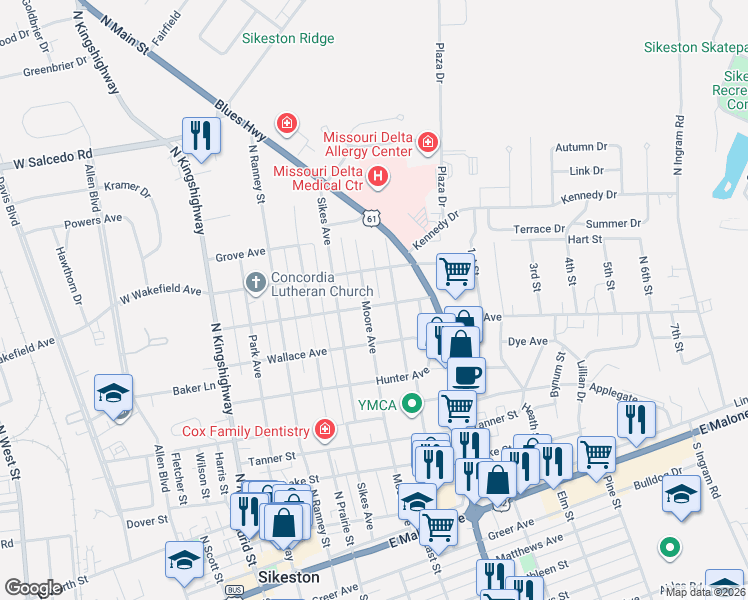 map of restaurants, bars, coffee shops, grocery stores, and more near 818 Moore Avenue in Sikeston