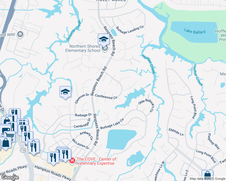 map of restaurants, bars, coffee shops, grocery stores, and more near 6408 Sand Gate Drive North in Suffolk