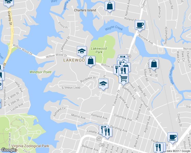 map of restaurants, bars, coffee shops, grocery stores, and more near 1528 Bordeaux Place in Norfolk
