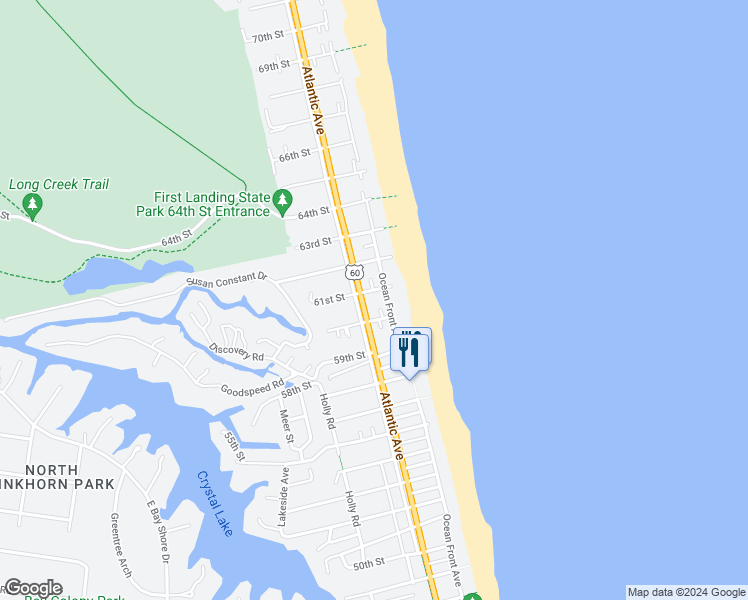 map of restaurants, bars, coffee shops, grocery stores, and more near 110 61st Street in Virginia Beach