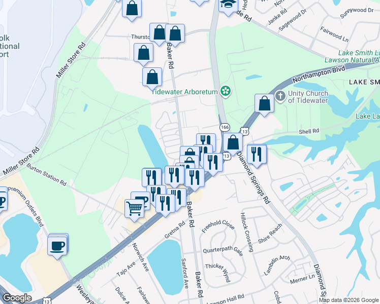 map of restaurants, bars, coffee shops, grocery stores, and more near 1244 Baker Road in Virginia Beach
