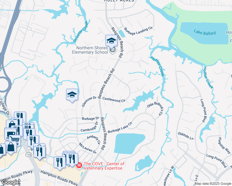 map of restaurants, bars, coffee shops, grocery stores, and more near 6406 Old Westham Drive North in Suffolk