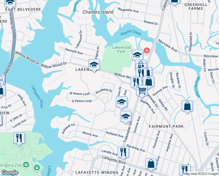 map of restaurants, bars, coffee shops, grocery stores, and more near 1528 Bordeaux Place in Norfolk