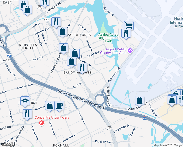 map of restaurants, bars, coffee shops, grocery stores, and more near 3342 Loam Street in Norfolk