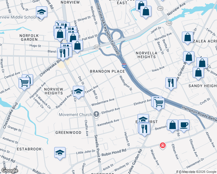 map of restaurants, bars, coffee shops, grocery stores, and more near 3450 Herbert Street in Norfolk