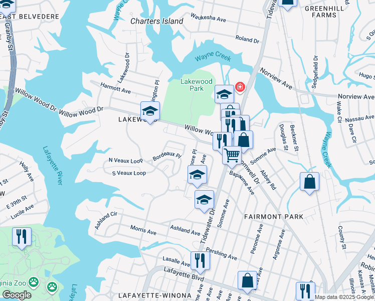 map of restaurants, bars, coffee shops, grocery stores, and more near 3506 Kilmer Lane in Norfolk