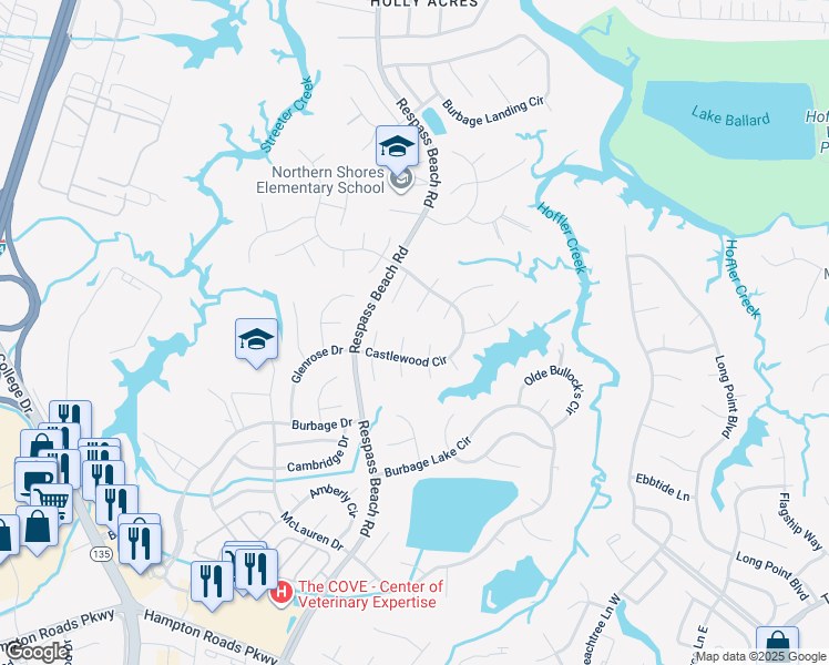 map of restaurants, bars, coffee shops, grocery stores, and more near 6406 Old Westham Drive North in Suffolk