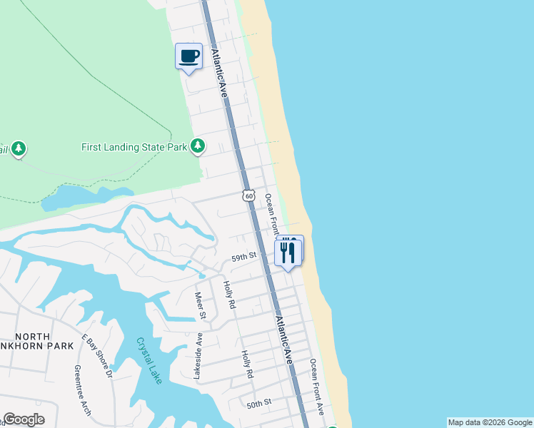 map of restaurants, bars, coffee shops, grocery stores, and more near 114 61st Street in Virginia Beach
