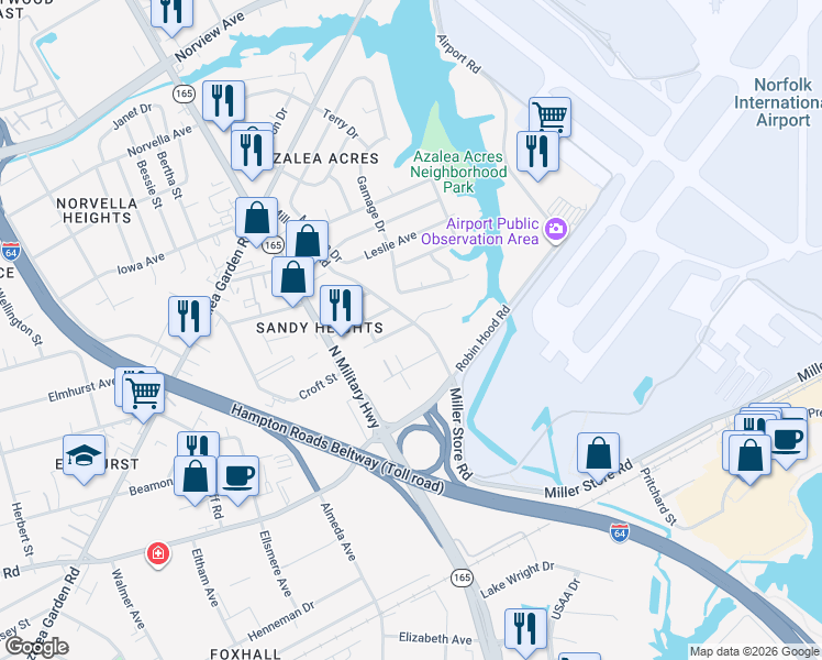 map of restaurants, bars, coffee shops, grocery stores, and more near 3369 Miller Store Road in Norfolk