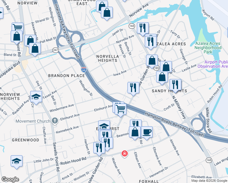 map of restaurants, bars, coffee shops, grocery stores, and more near 3417 Johns Street in Norfolk