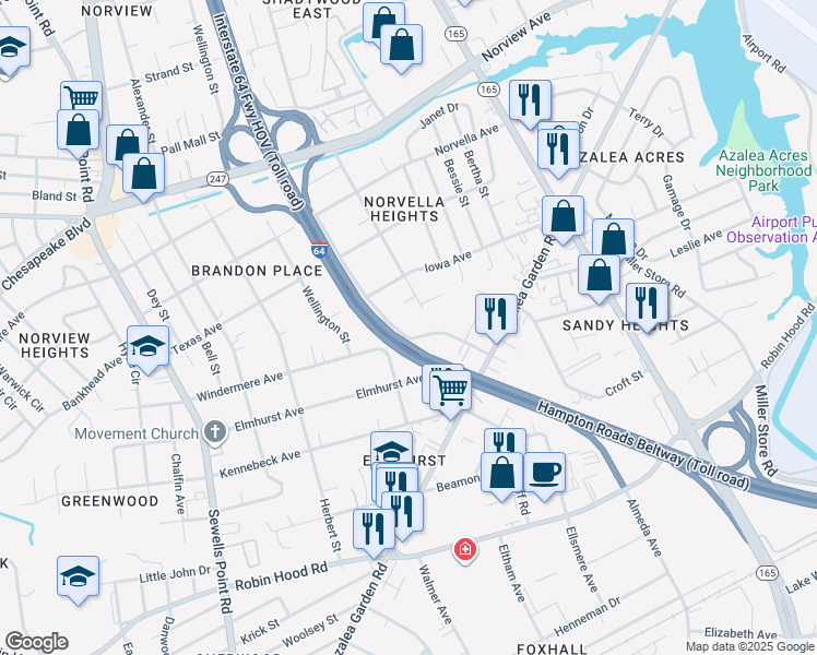 map of restaurants, bars, coffee shops, grocery stores, and more near 3417 Johns Street in Norfolk