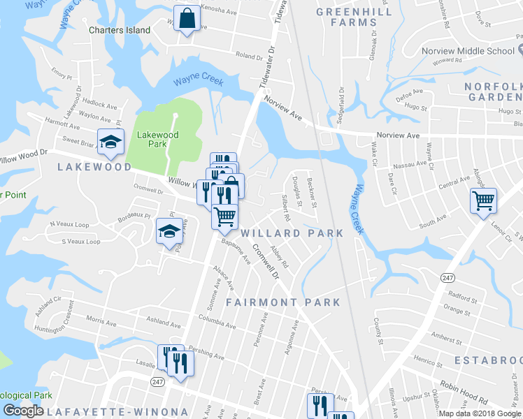 map of restaurants, bars, coffee shops, grocery stores, and more near 2011 Willow Wood Drive in Norfolk