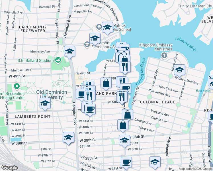 map of restaurants, bars, coffee shops, grocery stores, and more near in Norfolk