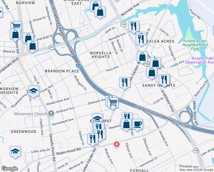 map of restaurants, bars, coffee shops, grocery stores, and more near 3417 Johns Street in Norfolk