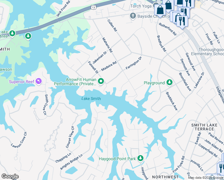 map of restaurants, bars, coffee shops, grocery stores, and more near 5017 Farrington Drive in Virginia Beach