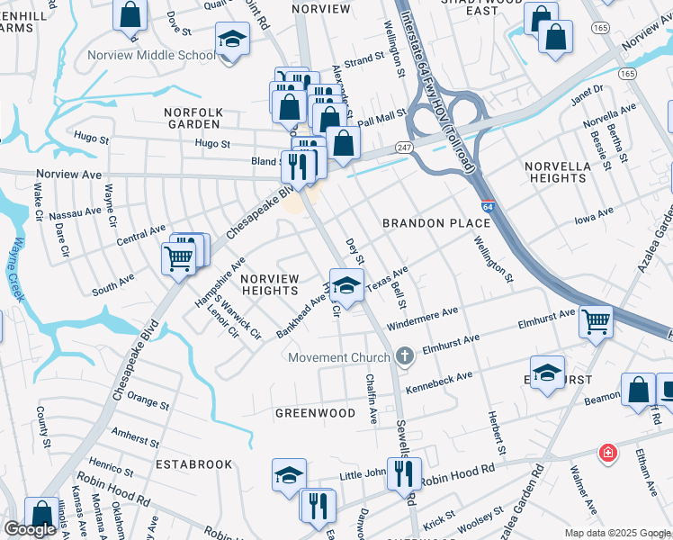 map of restaurants, bars, coffee shops, grocery stores, and more near 3517 Sewells Point Road in Norfolk
