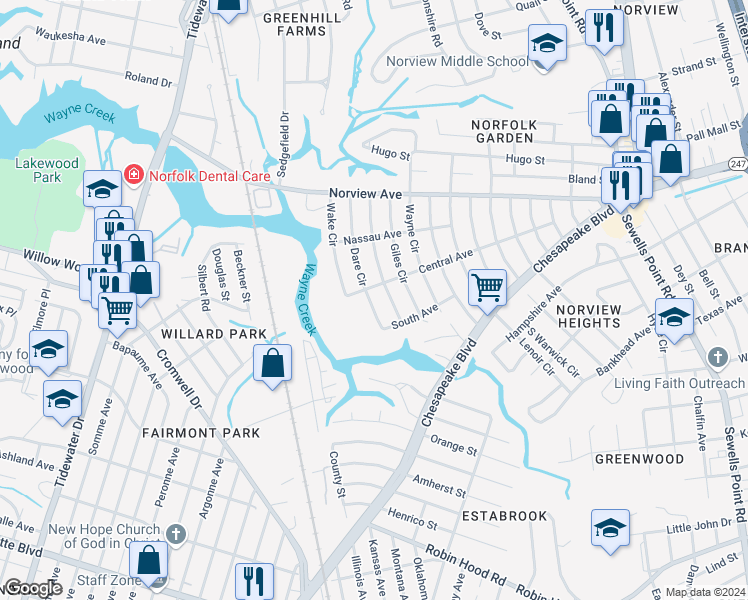 map of restaurants, bars, coffee shops, grocery stores, and more near 3770 Dare Circle in Norfolk