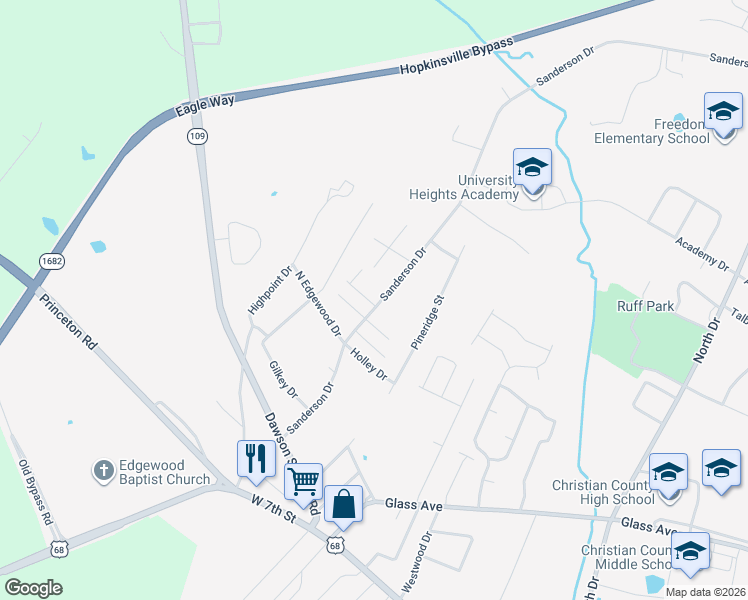 map of restaurants, bars, coffee shops, grocery stores, and more near 600 Sanderson Drive in Hopkinsville