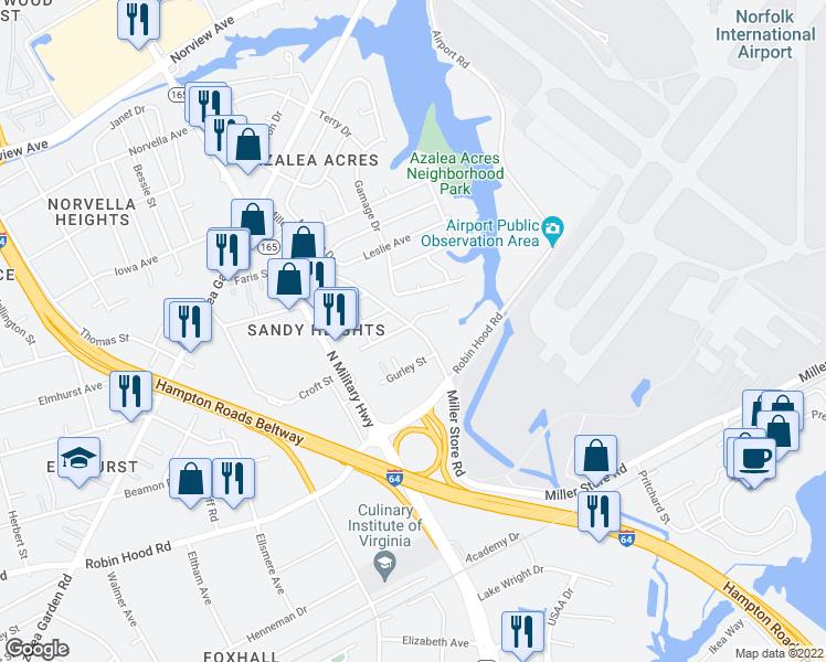 map of restaurants, bars, coffee shops, grocery stores, and more near 3369 Miller Store Road in Norfolk