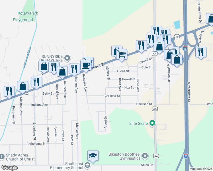 map of restaurants, bars, coffee shops, grocery stores, and more near 309 Gilmore Street in Sikeston