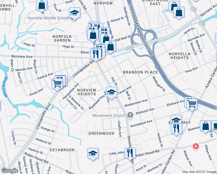 map of restaurants, bars, coffee shops, grocery stores, and more near 3517 Sewells Point Road in Norfolk