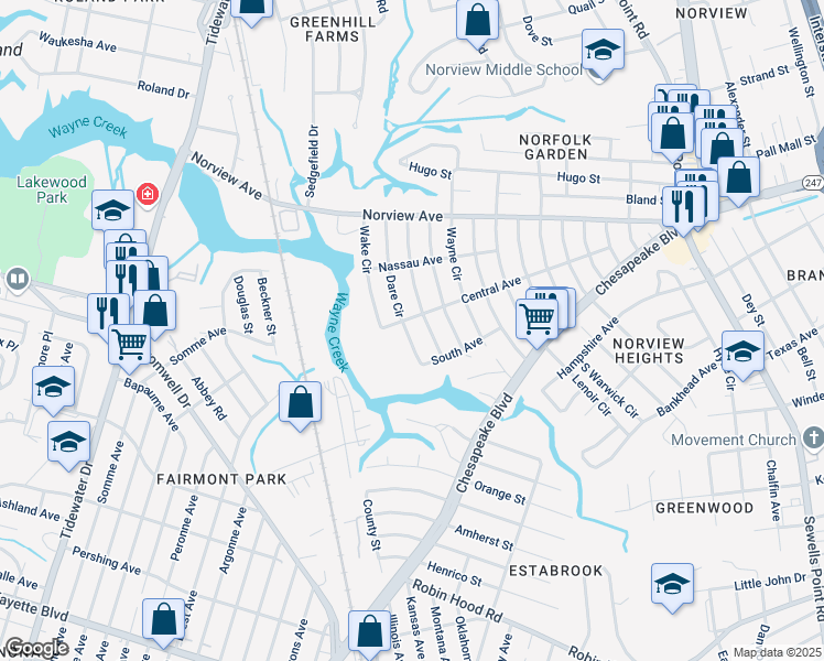 map of restaurants, bars, coffee shops, grocery stores, and more near 3779 Dare Circle in Norfolk