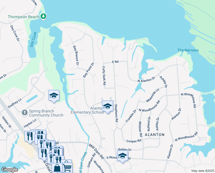 map of restaurants, bars, coffee shops, grocery stores, and more near 1600 Cutty Sark Road in Virginia Beach