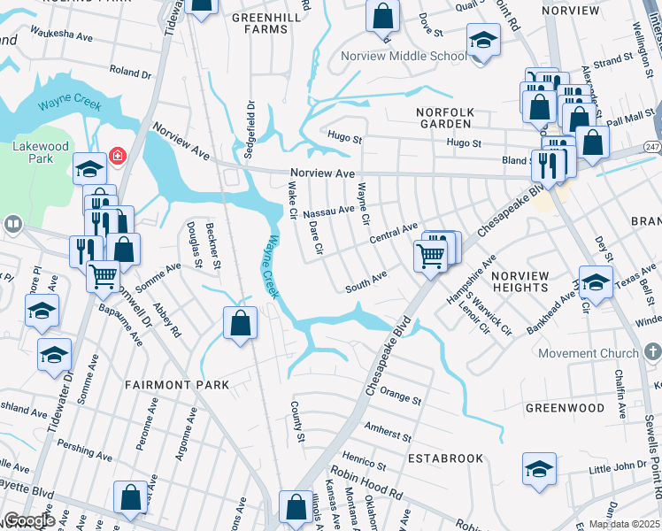 map of restaurants, bars, coffee shops, grocery stores, and more near 3779 Dare Circle in Norfolk