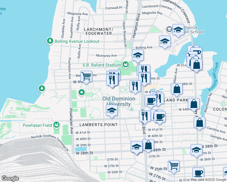 map of restaurants, bars, coffee shops, grocery stores, and more near 1200 West 49th Street in Norfolk
