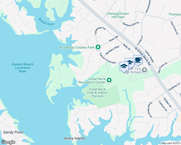 map of restaurants, bars, coffee shops, grocery stores, and more near 2721 River Road in Virginia Beach