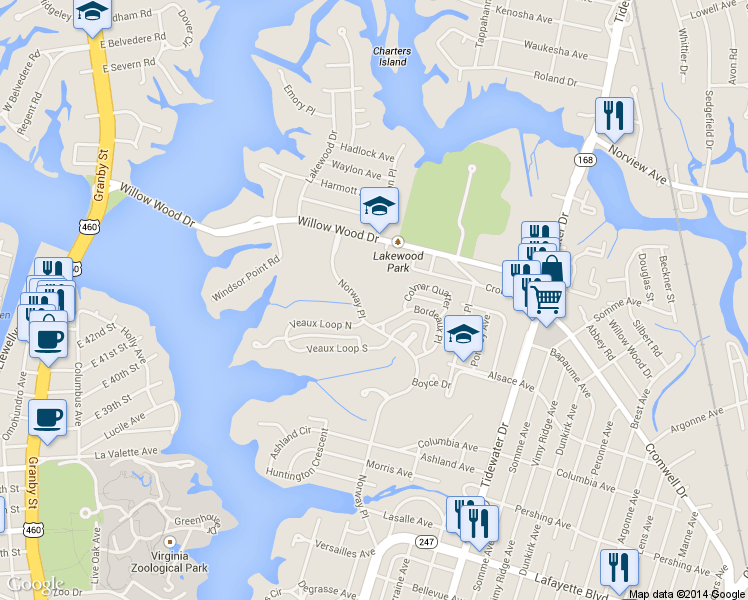 map of restaurants, bars, coffee shops, grocery stores, and more near 3524 Norway Pl in Norfolk