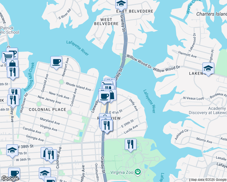 map of restaurants, bars, coffee shops, grocery stores, and more near 4250 U.S. 460 in Norfolk