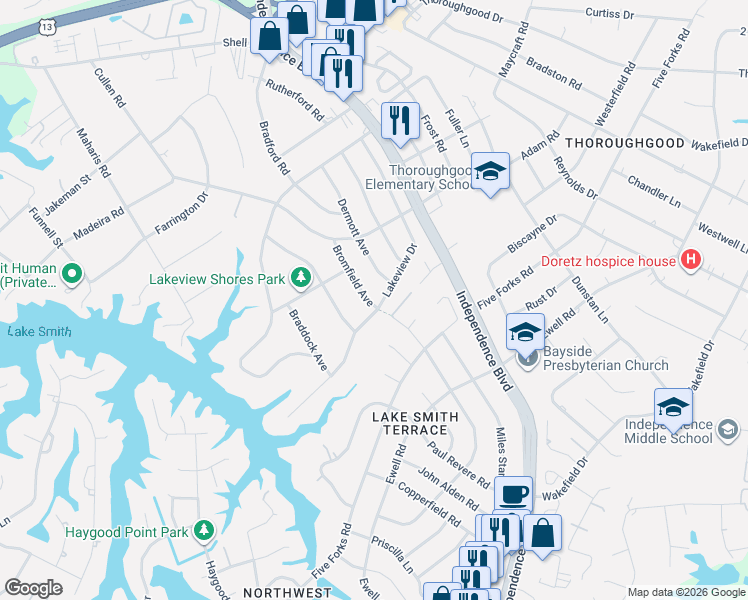 map of restaurants, bars, coffee shops, grocery stores, and more near 4800 Bromfield Avenue in Virginia Beach