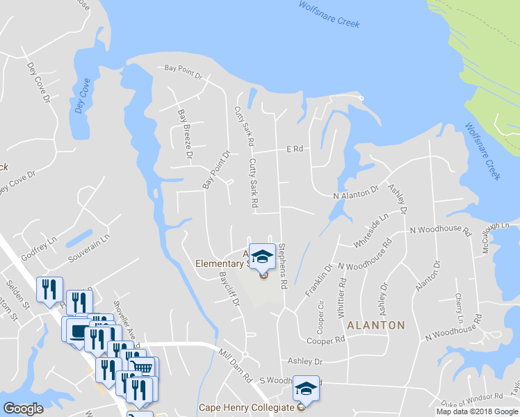 map of restaurants, bars, coffee shops, grocery stores, and more near 1600 Cutty Sark Road in Virginia Beach