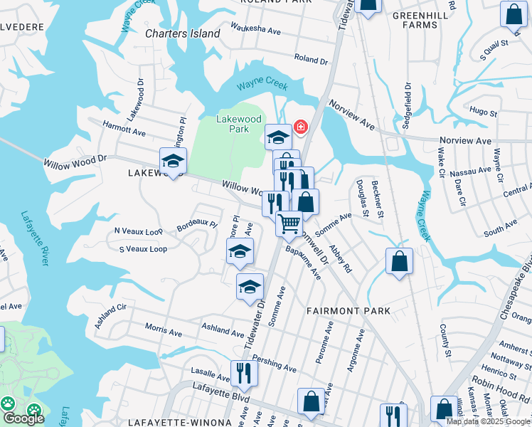map of restaurants, bars, coffee shops, grocery stores, and more near 1717 Cromwell Drive in Norfolk