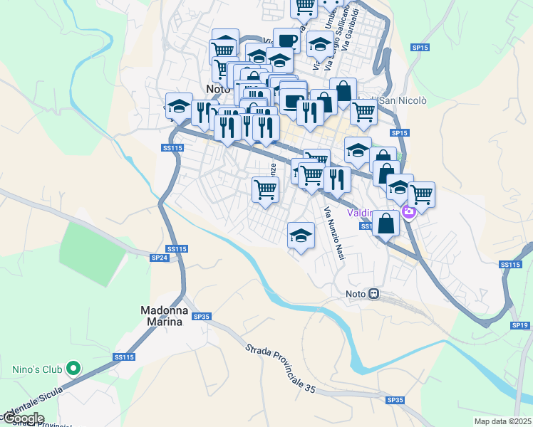 map of restaurants, bars, coffee shops, grocery stores, and more near 5 Via T. Natale in Noto