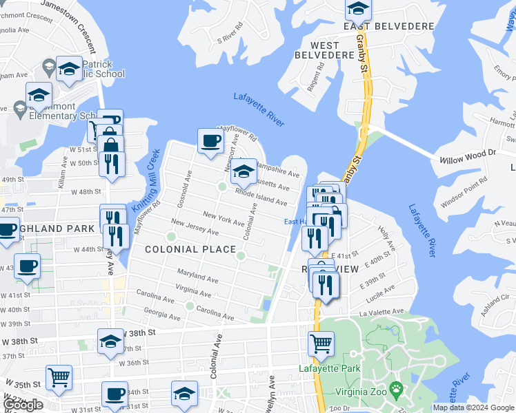 map of restaurants, bars, coffee shops, grocery stores, and more near 4804 Colonial Avenue in Norfolk