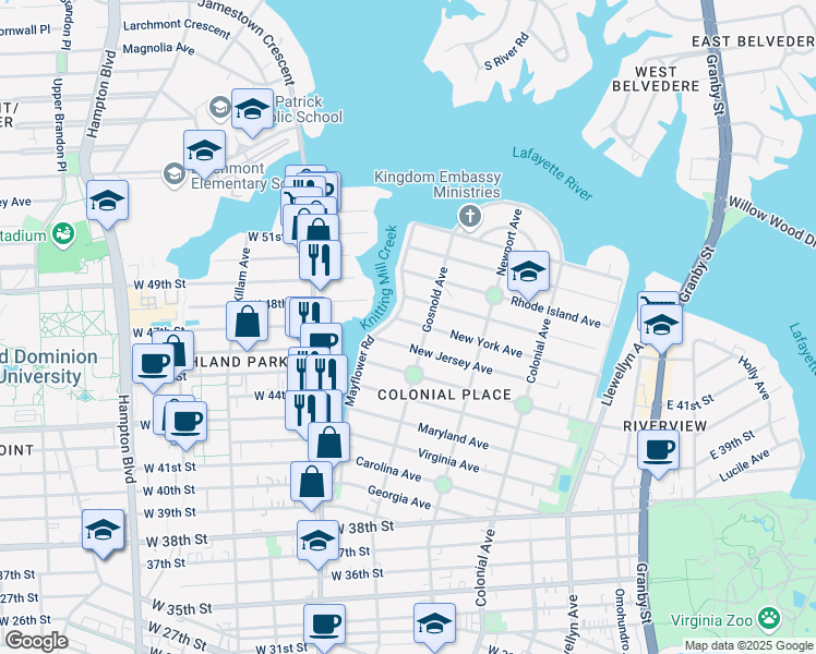 map of restaurants, bars, coffee shops, grocery stores, and more near 715 New York Avenue in Norfolk
