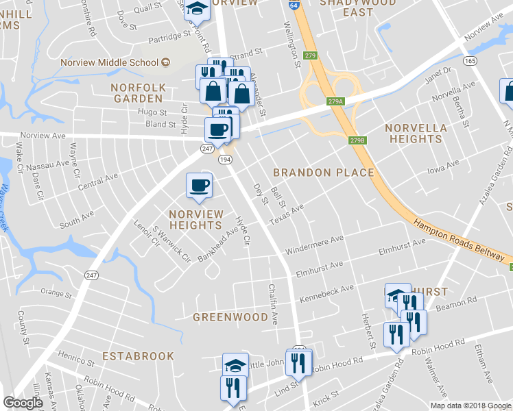map of restaurants, bars, coffee shops, grocery stores, and more near 3512 Sewells Point Road in Norfolk