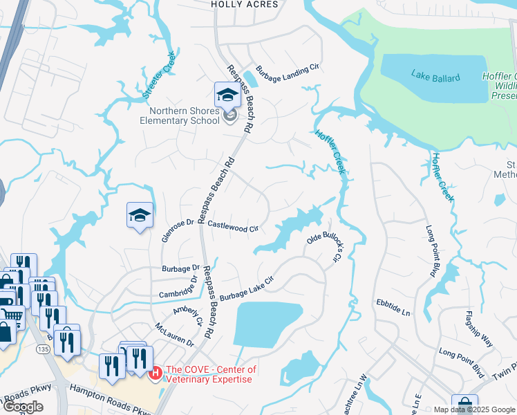 map of restaurants, bars, coffee shops, grocery stores, and more near 6203 Coachman Drive South in Suffolk