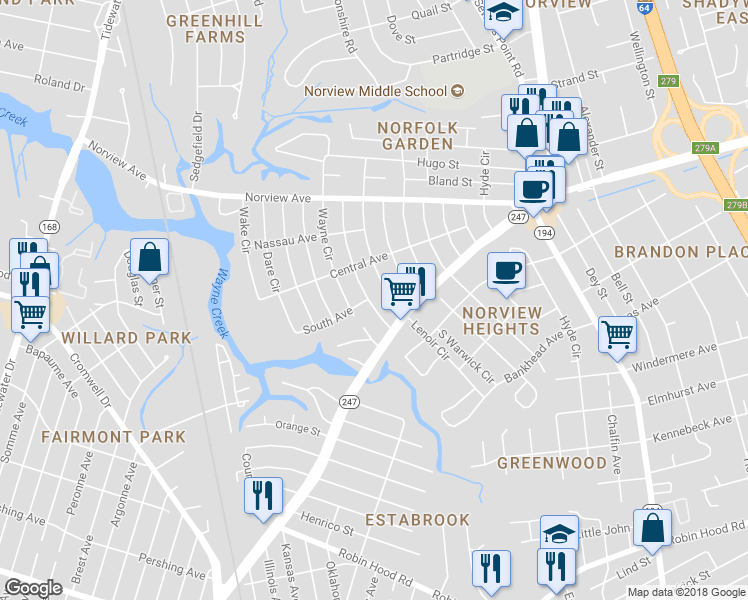 map of restaurants, bars, coffee shops, grocery stores, and more near 3730 Nansemond Circle in Norfolk